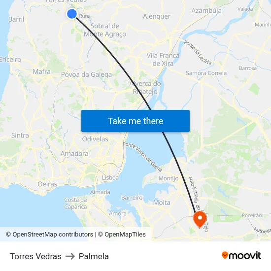 Torres Vedras to Palmela map
