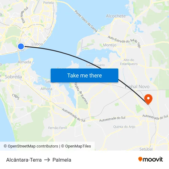 Alcântara-Terra to Palmela map