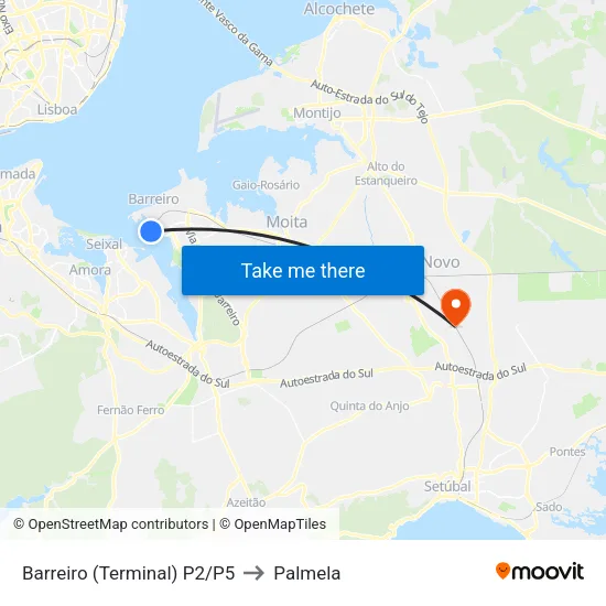 Barreiro (Terminal) P2/P5 to Palmela map