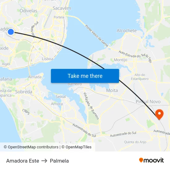 Amadora Este to Palmela map