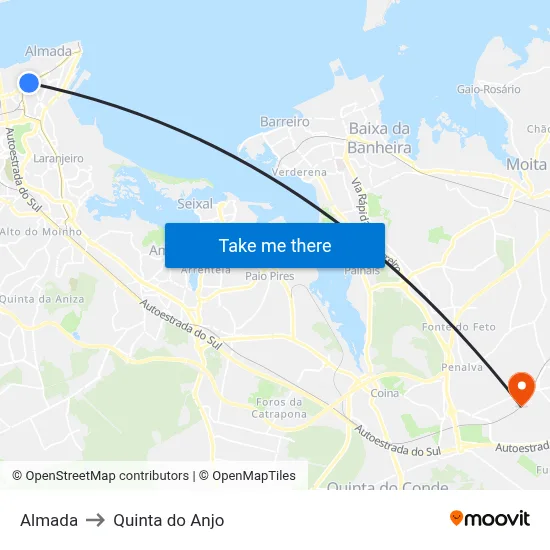 Almada to Quinta do Anjo map