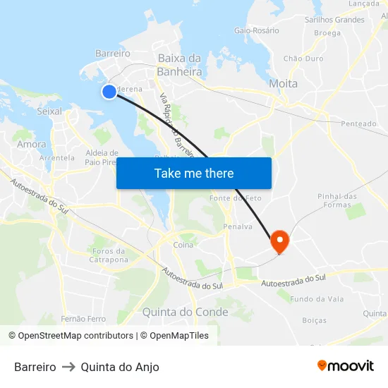 Barreiro to Quinta do Anjo map