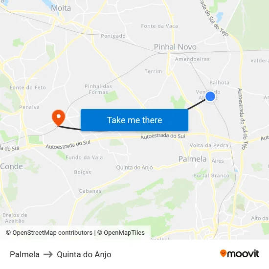 Palmela to Quinta do Anjo map