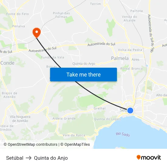 Setúbal to Quinta do Anjo map