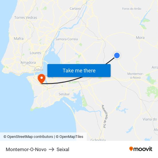 Montemor-O-Novo to Seixal map