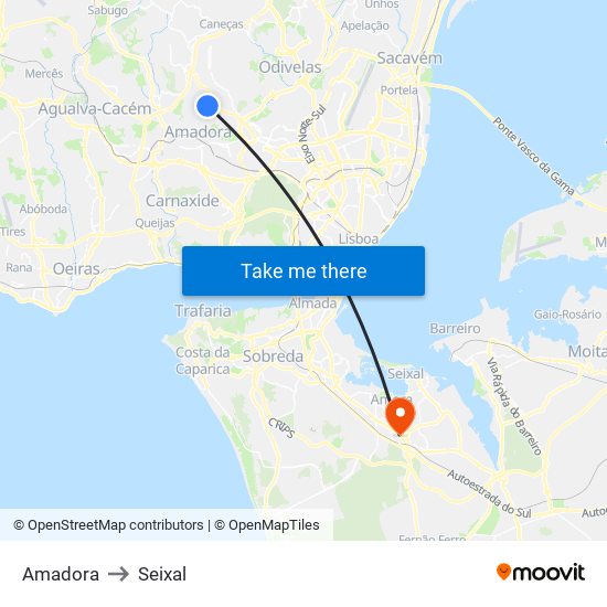 Amadora to Seixal map