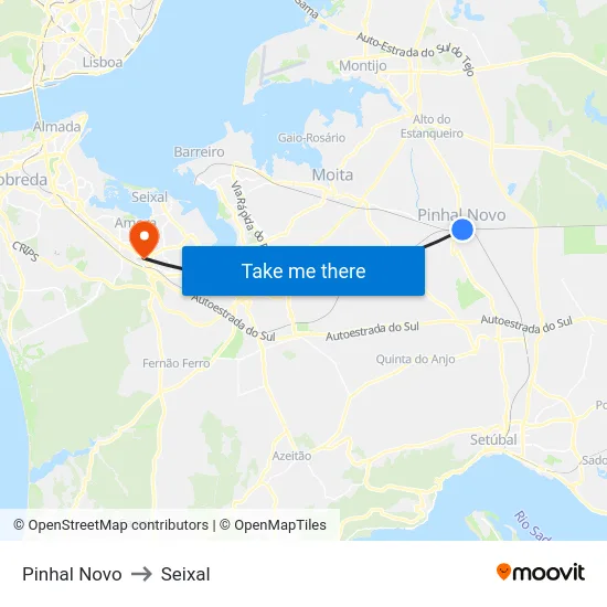 Pinhal Novo to Seixal map