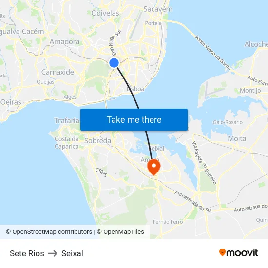 Sete Rios to Seixal map