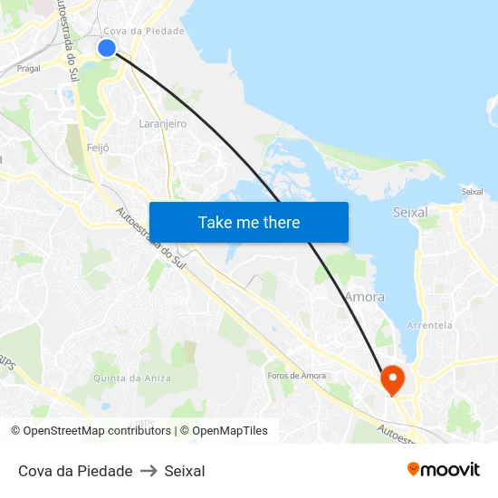 Cova da Piedade to Seixal map
