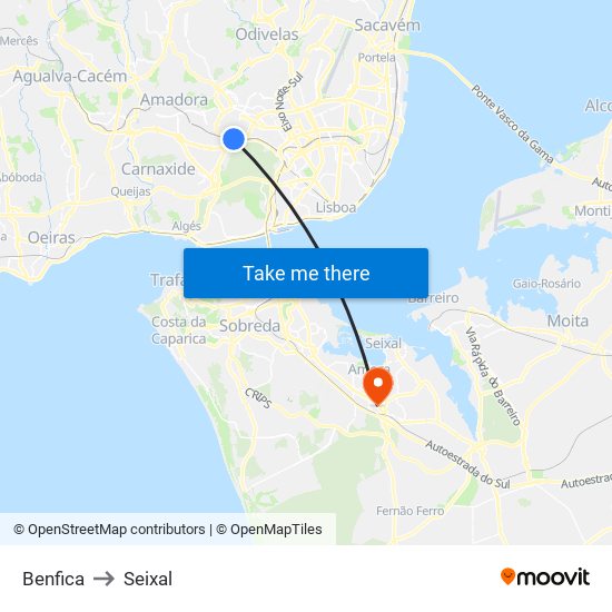 Benfica to Seixal map