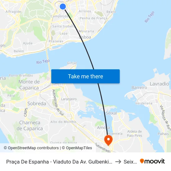 Praça De Espanha - Viaduto Da Av. Gulbenkian to Seixal map