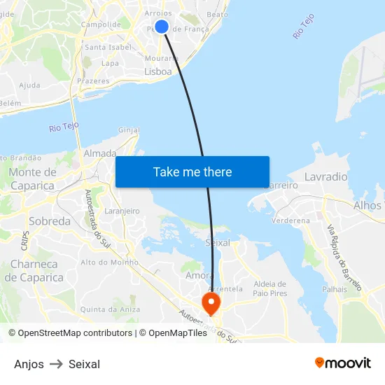 Anjos to Seixal map