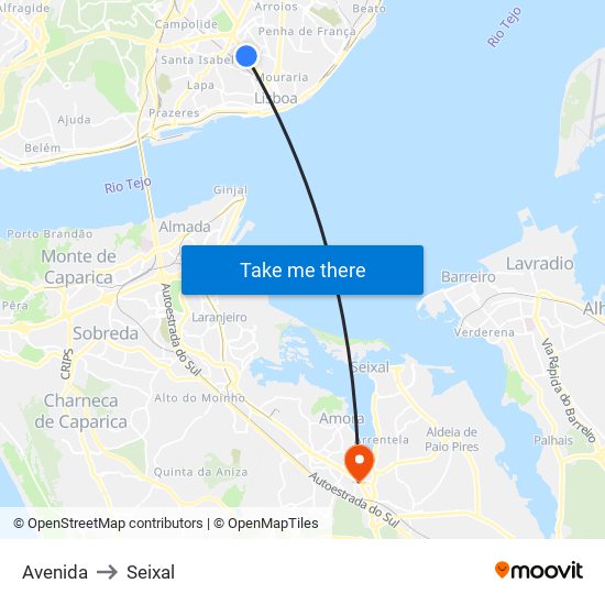 Avenida to Seixal map