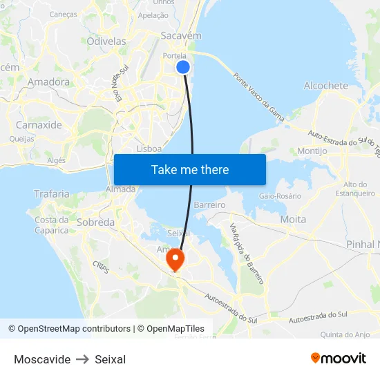 Moscavide to Seixal map
