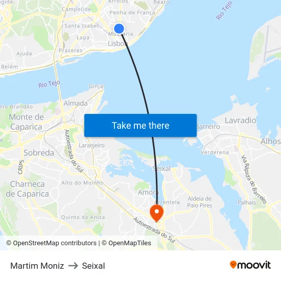 Martim Moniz to Seixal map