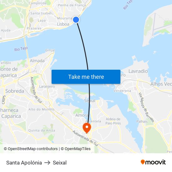 Santa Apolónia to Seixal map