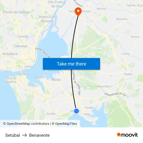 Setúbal to Benavente map