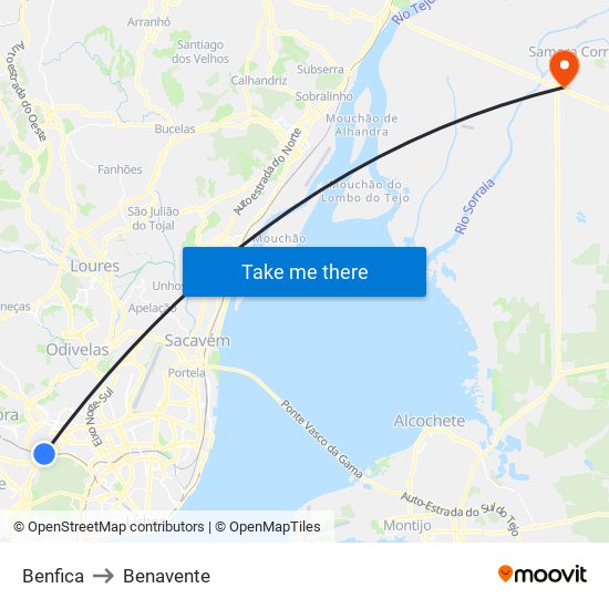 Benfica to Benavente map