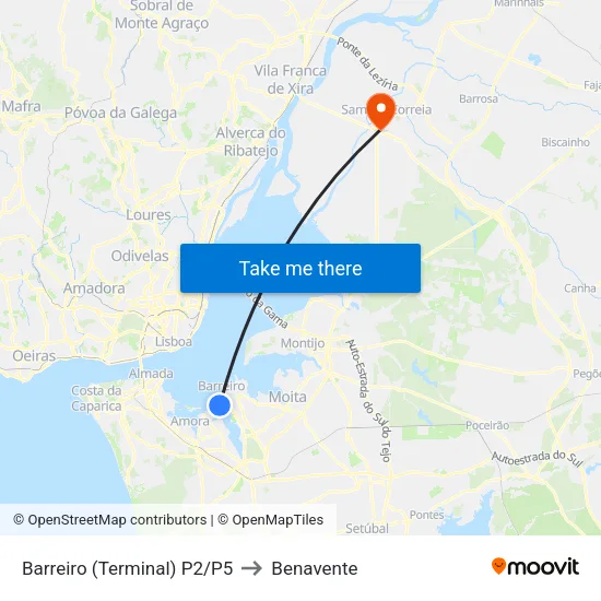 Barreiro (Terminal) P2/P5 to Benavente map