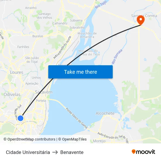 Cidade Universitária to Benavente map