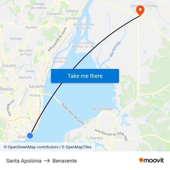 Santa Apolónia to Benavente map