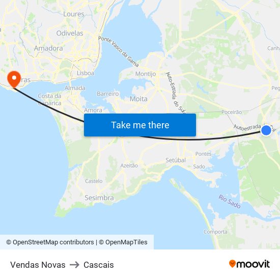 Vendas Novas to Cascais map
