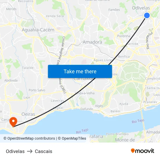 Odivelas to Cascais map