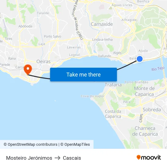 Mosteiro Jerónimos to Cascais map