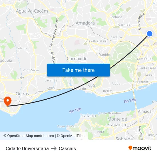Cidade Universitária to Cascais map