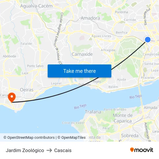 Jardim Zoológico to Cascais map