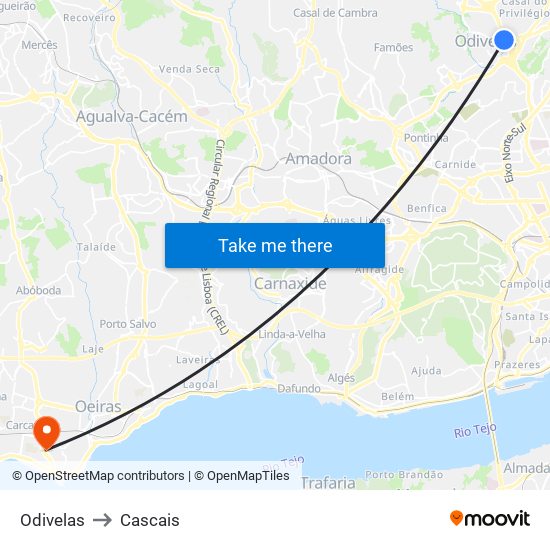 Odivelas to Cascais map