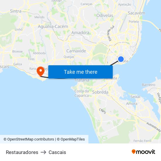 Restauradores to Cascais map