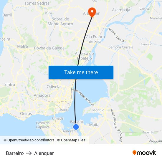 Barreiro to Alenquer map