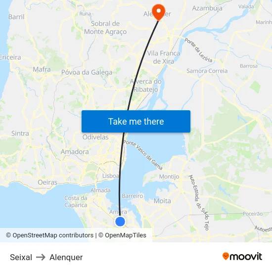 Seixal to Alenquer map