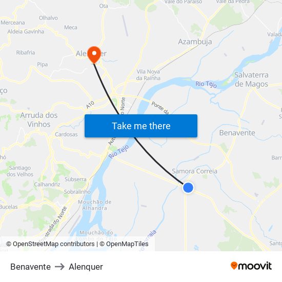 Benavente to Alenquer map