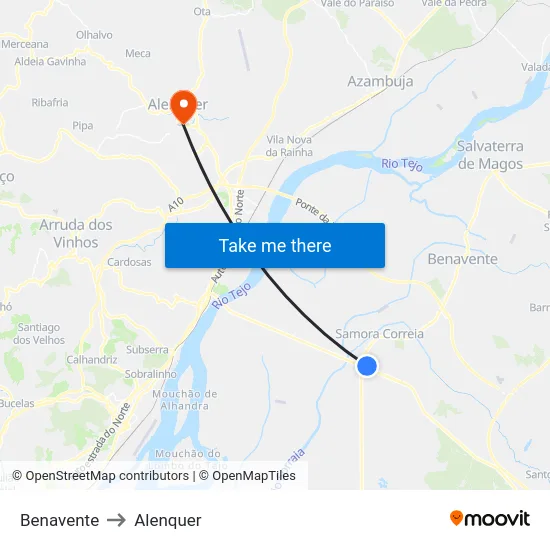Benavente to Alenquer map