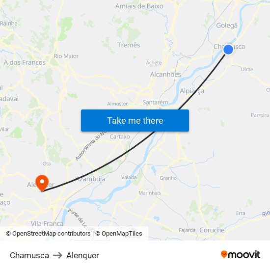 Chamusca to Alenquer map