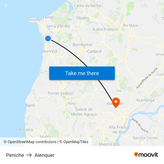 Peniche to Alenquer map