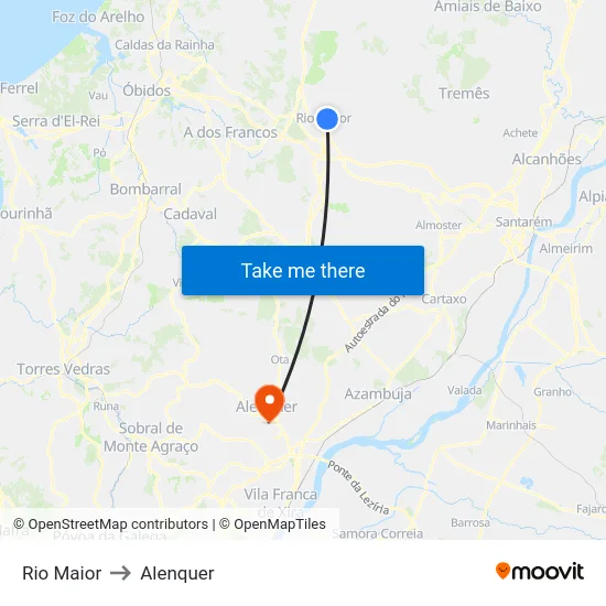 Rio Maior to Alenquer map
