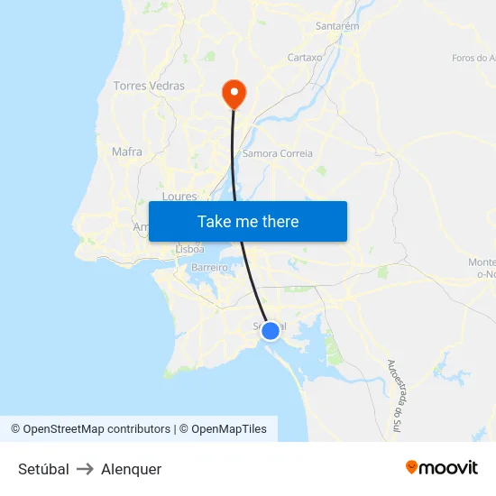 Setúbal to Alenquer map