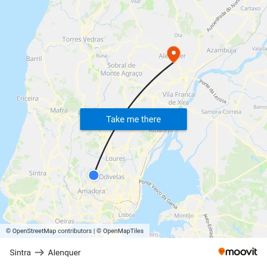 Sintra to Alenquer map