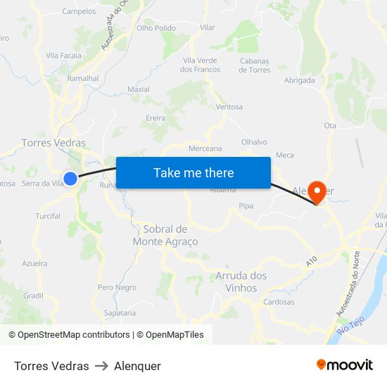 Torres Vedras to Alenquer map