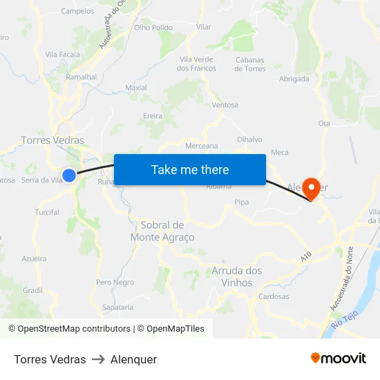 Torres Vedras to Alenquer map