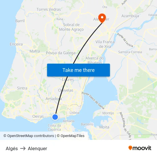 Algés to Alenquer map