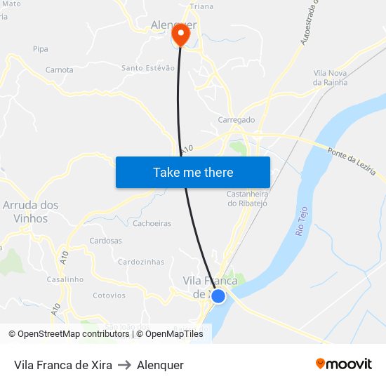 Vila Franca de Xira to Alenquer map