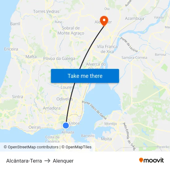 Alcântara-Terra to Alenquer map