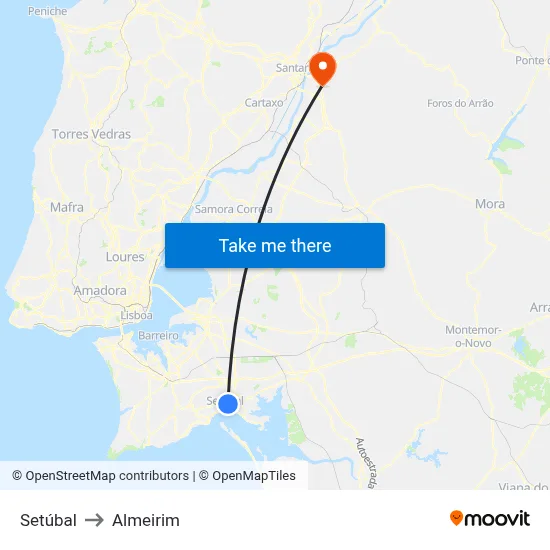 Setúbal to Almeirim map