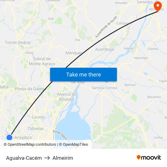 Agualva-Cacém to Almeirim map