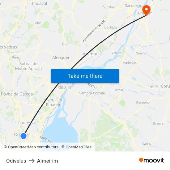 Odivelas to Almeirim map