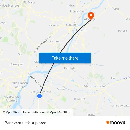 Benavente to Alpiarça map